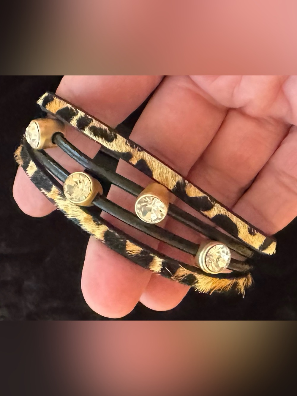 Gold and Leopard Crystal Leather Wrap Bracelet
